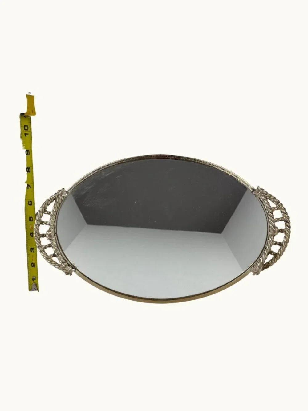 Vintage Hollywood Regency Gold Rope Mirrored Vanity Tray Oval
